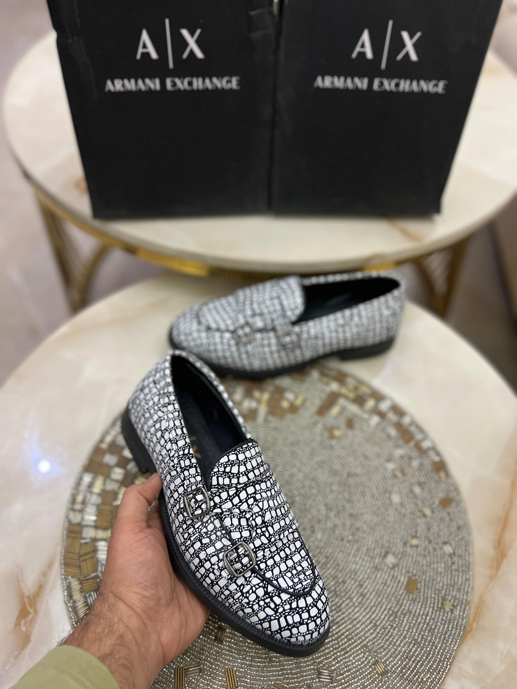 ARMANI EXCHANGE SILVER LOAFERS